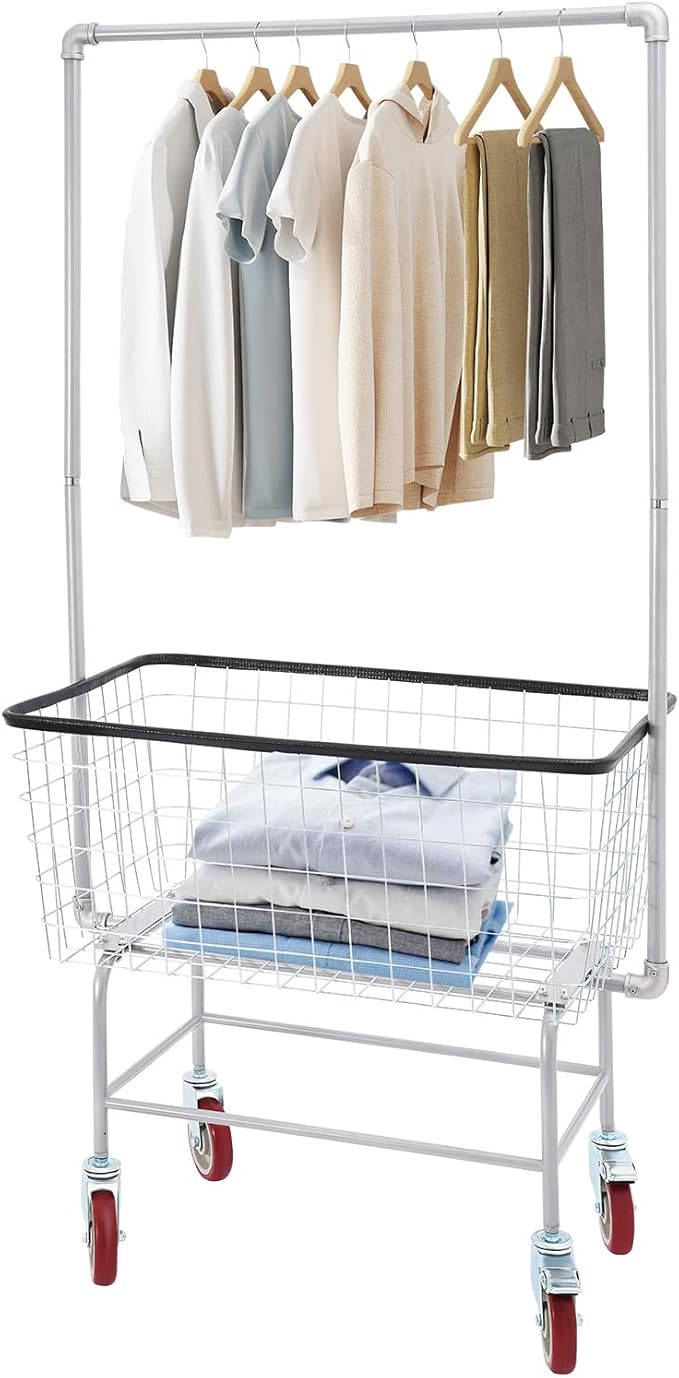 Heavy Duty Laundry Cart with Wheels & Hanging Rack - 110lbs Large Rolling Laundry Hamper Basket for Home, Bathroom, Commercial Use