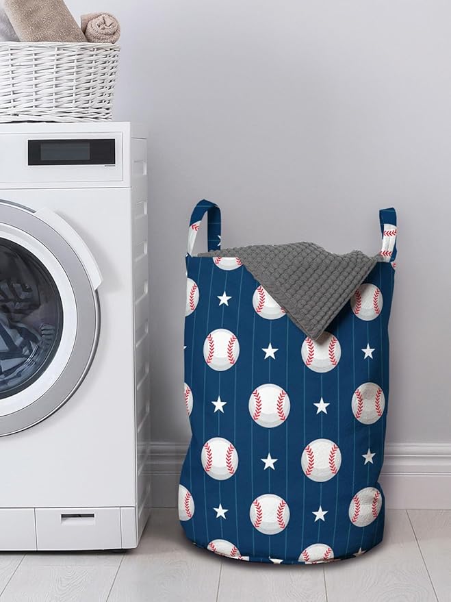 Ambesonne Sports Laundry Bag Pack of 2, Baseball Patterns on Vertical Striped Background Stars Design, Hamper Basket with Handles Drawstring Closure, 13" x 19", Blue Red
