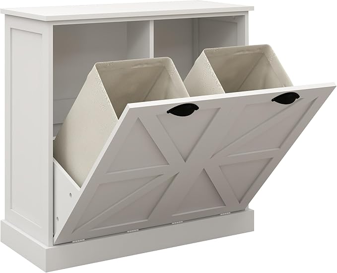 Tilt Out Laundry Sorter Cabinet with 2 Removable Liner Bags,Divided Laundry Hamper Cabinet with Semi-Circular Metal Handle and Barn Door for Space Saving (Style-01)