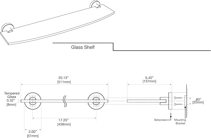 Gatco 4666 Reveal Glass Shelf, Chrome | Wall Mounted 20.13" W X 5.40" D Curved Tempered Glass Shelf | Floating Glass Shelf for Bathroom Storage
