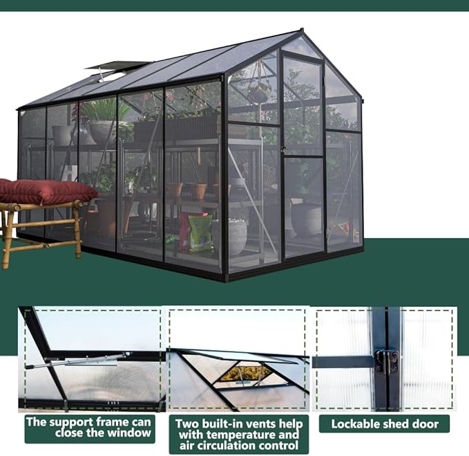 Outdoor Polycarbonate Greenhouse with Aluminum Frame, Walk-in Garden Green House Featuring Lockable Door, Adjustable Roof Vent, and UV-Protected Panels for Backyard or Patio Use (6x10 FT)