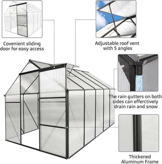 Polycarbonate Greenhouse with Rain Gutter and Roof Vent, Raised Base and Anchor Aluminum Heavy Duty Walk-in Green House, Outdoor Patio Sunroom with Sliding Door (Black, 122.44*74.8*76.77in)
