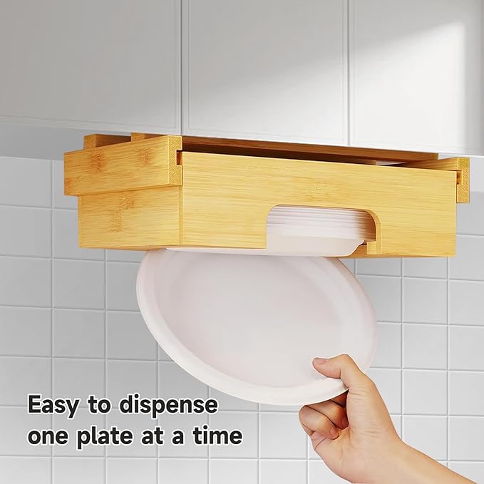 Bamboo Paper Plate Dispenser 9 inch - Wooden Paper Plate Dispenser Under Cabinet, Kitchen Countertop Vertical Plate Holder Organizer