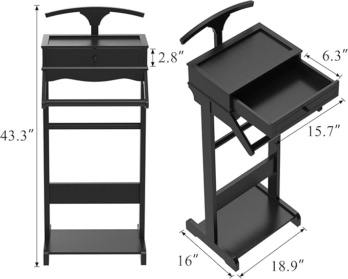Brefhome Mens Valet Stand with Drawer & Tray, Wooden Clothing Rack for Men Women, Modern Garment Rack for Entryway, Bedroom, Black (Tray + Drawer)