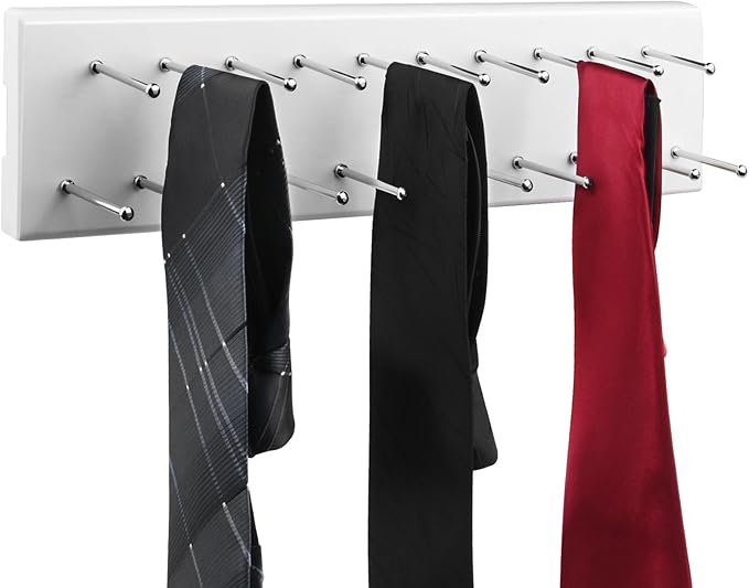 Tie Rack Wall Mounted, Wood Belt Hanger for Closet with 21 Chrome Hooks, Belt Storage Holder Organizer for Men Belts, Ties, Scarves, White