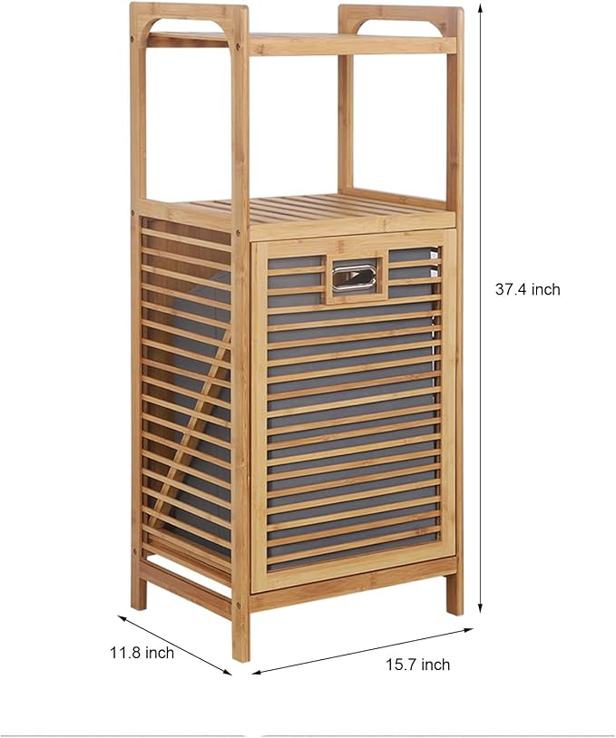 Bamboo Laundry Hamper with 2-Tier Shelves & Tilt Out Basket, Removable Clothes Basket Tower Organizer, Utility Laundry Sorter Cart Rolling with Clothes Hanging Rod for Bathroom