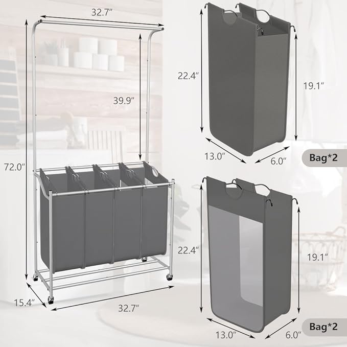 LUCKUP Laundry Sorter 4 Sections with Hanging Bar, 4 Bags Laundry Hamper Rolling Laundry Basket Cart with Lockable Wheels for Laundry Room Bathroom Bedroom, Dark Grey