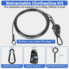 TooTaci 15ft Outdoor Clothesline Kit, 3/16" Black PVC Coated Wire Rope Portable Retractable Clothes Line Kit with Self-Locking Pulley, Screw Hook & Snap Hook for Camping, Backyard, RV, Travel