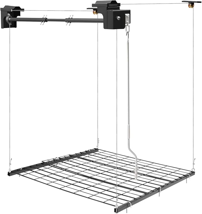 Overhead Garage Storage Rack Metal Garage Ceiling Storage Rack Ceiling Shelf Overhead Organization 250lbs Load Bearing Capacity Max Adjustable Height: 96in (48 * 48in L*W, Matte Black)