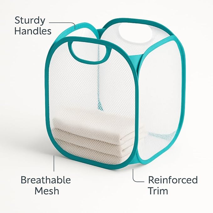 White Mesh Pop-Up Laundry Basket, 21" x 13" x 15.5" – Collapsible Clothes Hamper with Handles, Lightweight Foldable Laundry Bin for Bedroom, Bathroom, Dorm and Laundry Room