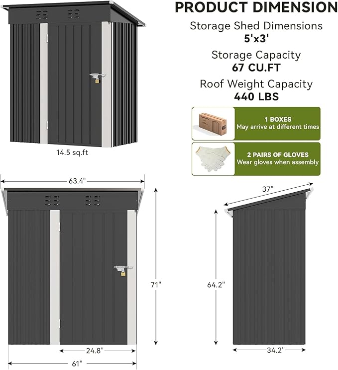 COMHOMA Shed Outdoor Storage Shed Metal,Lockable Doors Tool Sheds with Sloping Roof,Steel Garden Shed with Air Vent for Backyard,Patio,Lawn,Poolside(Grey,5'*3')