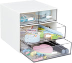 Desk Organizer with 4 Drawers, Clear Plastic Desk Storage Box, Desktop Organization for Office Supplies, Gel Pens, Pencils, Markers, Tape, Erasers, Paperclips, Chargers (White-4 Draws)