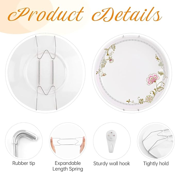 Bilillo 4 Pack Plate Hangers for The Wall, Suitable for 9-11 inch Art Plate, Stainless Steel Invisible Heavy Duty Wire Plate Holder with Wall Hooks, Plate Hangers for Displaying Plates, Silver