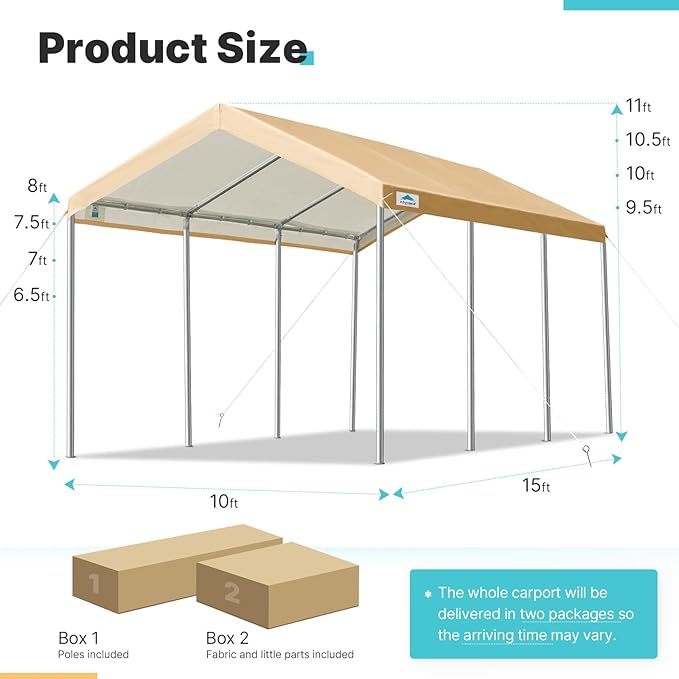 ADVANCE OUTDOOR 10x20 ft Heavy Duty Carport, Adjustable Height Garage Car Canopy Party Tent Boat Shelter, Beige
