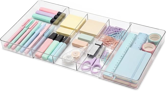 1 Pcs Large Expandable Acrylic Drawer Organizers, Grid Adjustable Drawer, Dividers Organizer for Desk, Makeup, Jewelry, Office, Kitchen Supplies (Clear,5 Compartments)