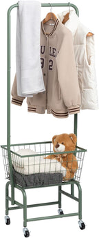 ALIMORDEN Laundry Cart with Clothes Rack, Rolling Laundry Butler with Wire Storage Rack，Green