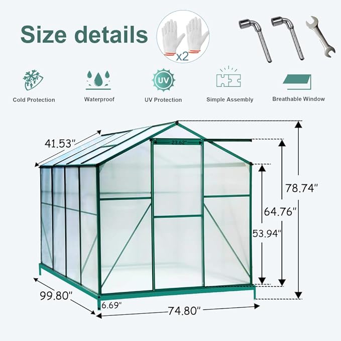 Heavy-Duty Polycarbonate Greenhouse with Double Flush Door, Rain Gutter & Adjustable Ventilation Window for Garden, Backyard or Sunroom Use (6x8 FT-1)