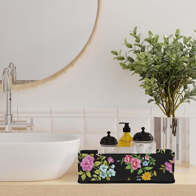 Toilet Tank Topper Paper Basket with Handle, Black Floral Bathroom Storage Basket for Organizing, Small Fabric Storage Bins for Bathroom Decor, Polyester