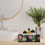 Toilet Tank Topper Paper Basket with Handle, Black Floral Bathroom Storage Basket for Organizing, Small Fabric Storage Bins for Bathroom Decor, Polyester
