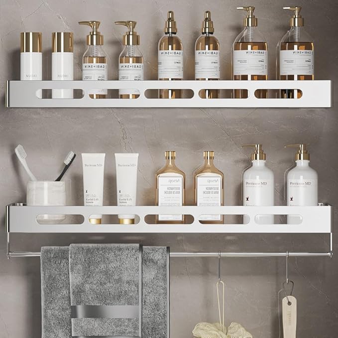 2-Tier Floating Shelf with Removable Hooks, 23.6 inches, Stainless Steel Wall Mounted Bathroom Shelves，Polishing