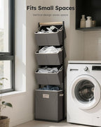SOLEDI 4 Section Laundry Hamper Sorter, Stackable Laundry Basket Organizer with Removable Basket, 125L 4-Tier Vertical Laundry Sorter for Small Space, Laundry Room, Dorm, Bathroom, Wardrobe Grey