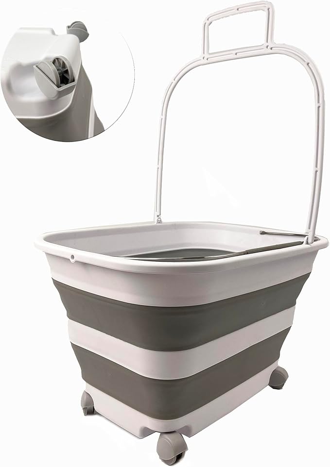 SAMMART 35L (9.24 Gallons) Collapsible Plastic Laundry Basket with Handle and Wheels - Foldable Pop Up Storage Container/Washing Tub - Space Saving (1, White/Grey)