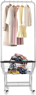 70"H Laundry Cart, Rolling Laundry Basket with Hanging Rack & Wheels, Metal Steel Wire Clothes Hamper with Storage Shelf for Homes, Hotels, Bathrooms & Commercial Laundry, 110lbs Capacity(D)