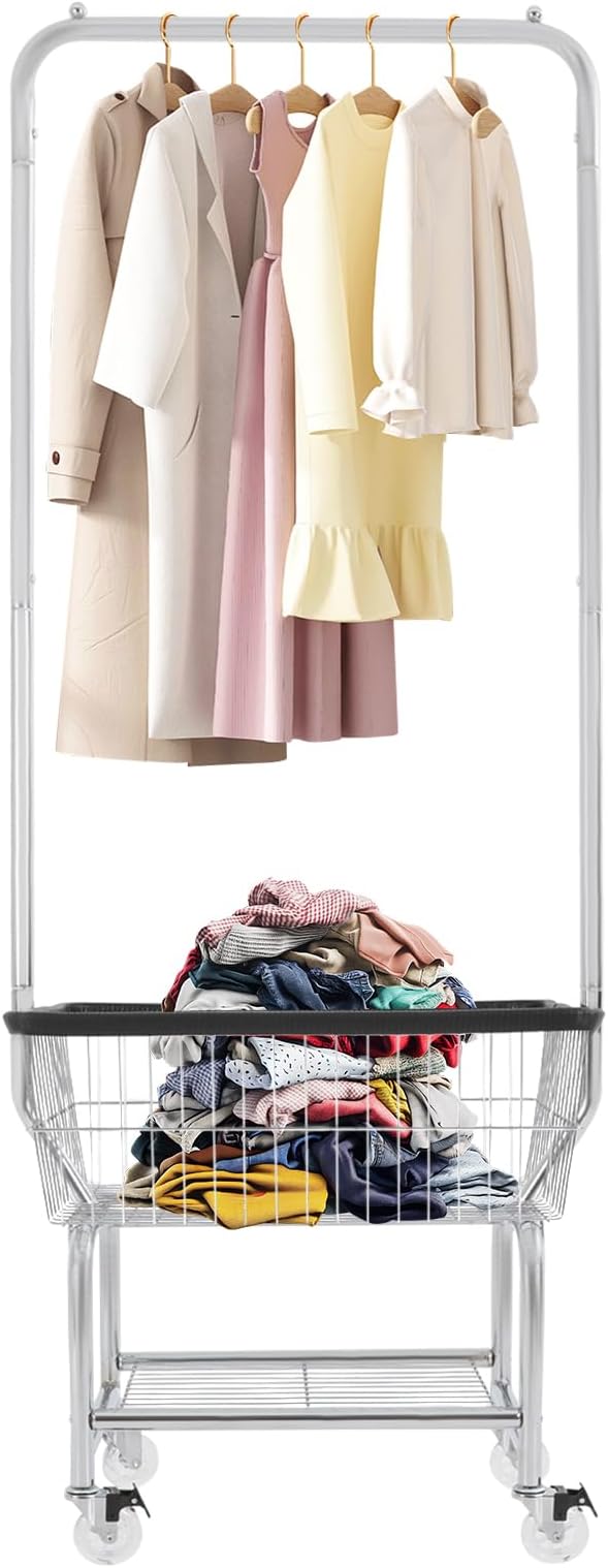 70"H Laundry Cart, Rolling Laundry Basket with Hanging Rack & Wheels, Metal Steel Wire Clothes Hamper with Storage Shelf for Homes, Hotels, Bathrooms & Commercial Laundry, 110lbs Capacity(D)