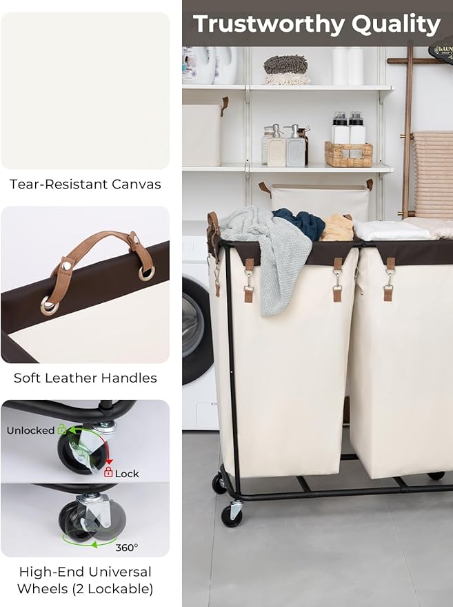 StorageWorks 390L Extra Large Laundry Hamper with Wheels, Laundry Basket with Wheels 2 Sections, Clothes Sorter Cart with Divider for Hotel, Home, Beige, 1-Pack