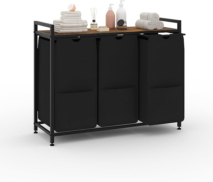 Laundry Sorter with 100lb Wood Shelf, Black 3-Section Hamper, Heavy Duty Metal Basket, Pull-Out 48L Bags Organizers and Storage, Freestanding, 36.6x13x28.5 in