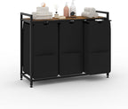 Laundry Sorter with 100lb Wood Shelf, Black 3-Section Hamper, Heavy Duty Metal Basket, Pull-Out 48L Bags Organizers and Storage, Freestanding, 36.6x13x28.5 in