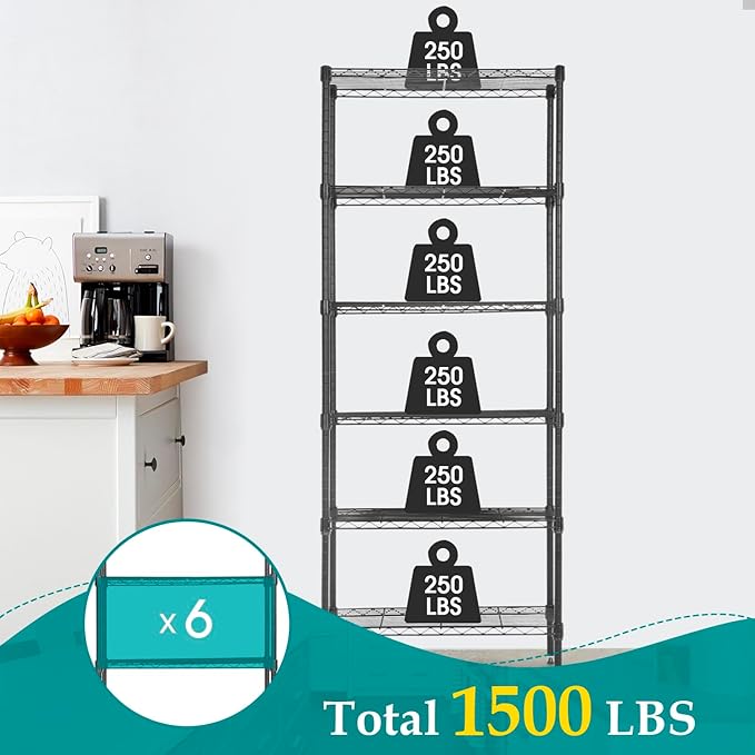 PayLessHere | 6-Tier Wire Shelf | 23"x13"x59" | Black | Adjustable Racks | Heavy-Duty Storage Shelves, Holds Upto 1500 lbs | Rust-Resistant, No-Tool Assembly | for Home, Garage Shelving