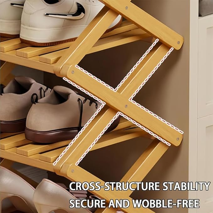 The 9-Tier No-Assembly Bamboo Rack, Foldable Stackable 9 Tier Bamboo Shoe Rack Vertical Storage Sturdy & Stable, Tall Narrow Space-Saving Expandable Shoe Rack for Entryway Closet Dorm (Nature,5 Tiers)