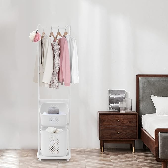 Laundry Sorter Cart with Clothes Rack 2 Layer Laundry Hamper Basket with Hanging Stand Dirty Clothes Storage Basket with 4 Wheels Simple Storage Shelf for Bathroom Cloakroom Bedroom White