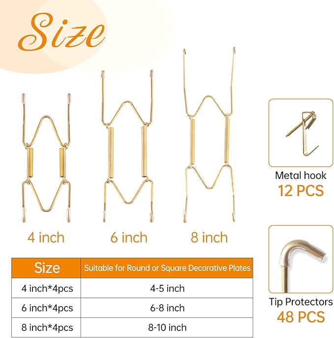Bilillo 12 Pieces Invisible Wall Plate Hangers 4/6/8 Inches Wall Plate Hangers Stainless Steel Decorative with 12 Pieces Hook with Nails Suitable for 4-10 inch Decorative Antique and Arts(Gold)