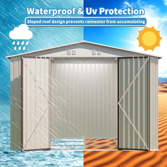 Heavy-Duty Outdoor Garden Shed with Aluminum Alloy Frame, Hinged Door, and Stable Foundation for Secure Storage (10x8 Feet White Garden Shed with Metal Base)