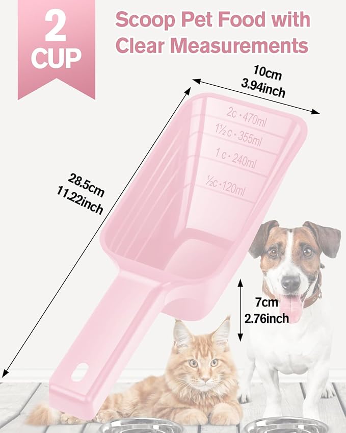 2 Cup Dog Food Scoop(2 Pack), Plastic Pet Food Scoop with Measuring Lines for Accurate Pet Food Portions,Dishwasher Safe (Grey and Pink)