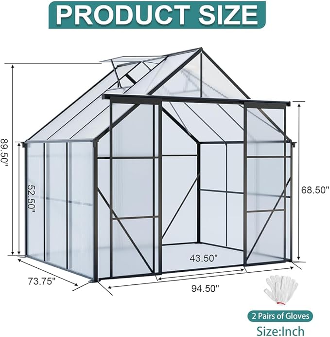 Double Sliding Door Polycarbonate Greenhouse with Rain Gutter and Roof Vent, Raised Base and Anchor Aluminum Heavy Duty Walk-in Green House, Outdoor Patio Sunroom (Black, 73.75*94.5*89.5in)