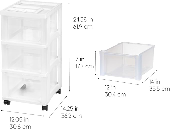 IRIS USA Plastic Drawer Storage Organizer Rolling Cart, with Wheels Casters, 3-Drawers, for Classroom Art Craft Supplies Dresser Closet Bathroom Laundry Room, White/Clear