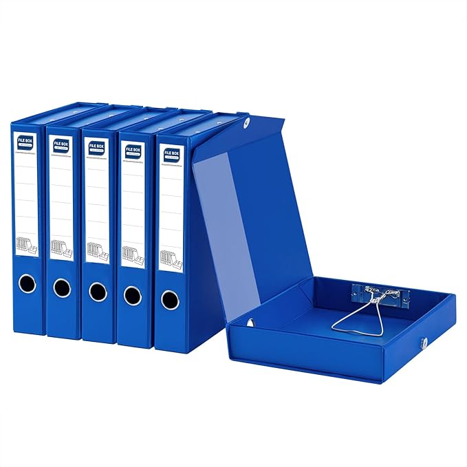 Storage File Boxes A4, 6 Pack Foldable File Box with Clip, 50mm Spine, Plastic Archives Cases with Magnetic Closure, Document File Folder Organizer Storage Filing Box for Office School, Blue