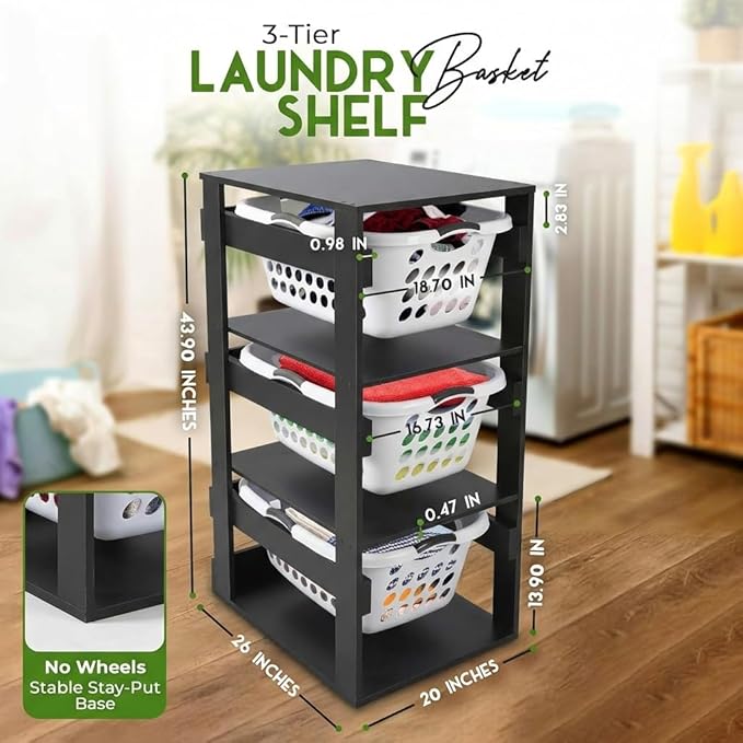 Laundry Basket Holder Shelf – Stackable Engineered Wood Laundry Tower, Tiered Hamper Organizer for Bathroom, Bedroom, Closet (Black, 3 Tier)
