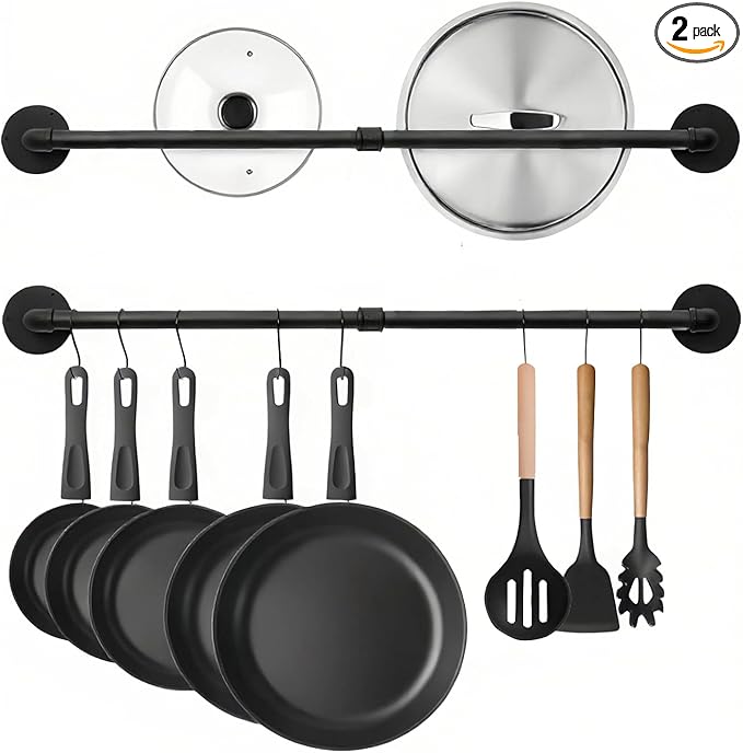 24 inch Pan Rack Wall Mounted Set of 2, Pan Hangers for Kitchen, Industrial Pipe Utensils Hanging Rail Detachable Storage Organizer, Iron Lids Holder with 10 S Hooks