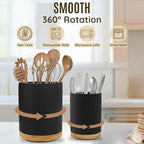 2 Pack Ceramic Utensil Holder, 7.3"+5.4" Large kitchen utensils holder for Countertop, 360° Rotating Cooking Utensil Crock for Kitchen Counter with Detachable Wooden Base, Kitchen Decor- Black