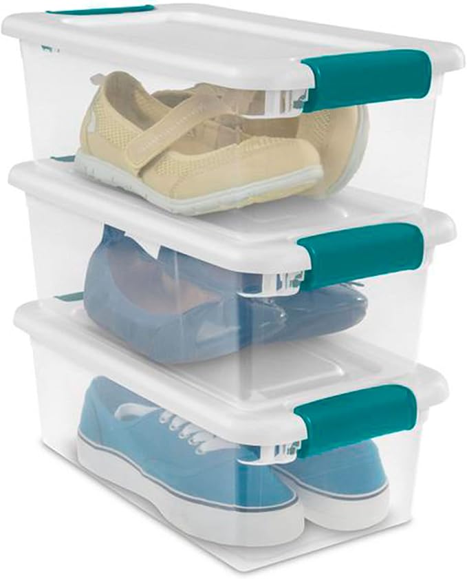 Sterilite 6 Quart Clear Latch Lid Stackable Storage Box Tote, 12 Pack, and Small Clear Latch Lid File Clip Box, 12 Pack for Household Organization