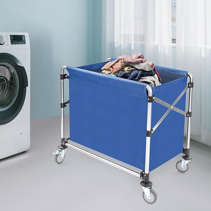 Commercial Laundry Cart with Wheels,Folding Laundry Hamper Cart,Heavy Duty Rolling Basket with Large Capacity, Sorter Trolley for Home Hotel Apartment (Blue, 34.25 * 20.47 * 30.7in)