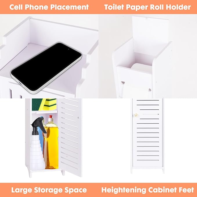 ShellKingdom Toilet Paper Holder Stand, Small Bathroom Storage Cabinet with Doors and Toilet Paper Storage, Slim Storage Cabinet for Bathroom Small Spaces Corner, 31.3 x 6.69 x 6.69 inch (White)