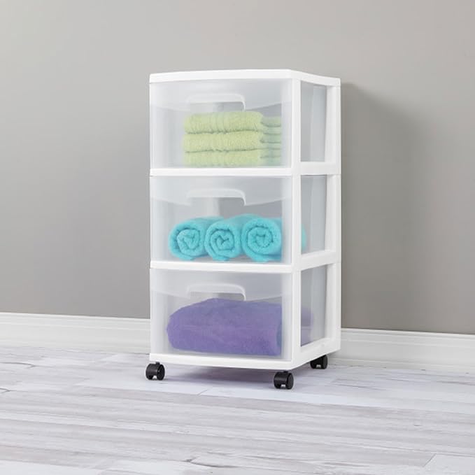 Sterilite 4 Pack Plastic Storage Organizer, 3 Drawer Rolling Bin Cart, Closet Organization, White