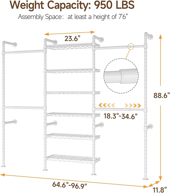 ONBRILL H3 Wall Mounted Closet System, Expandable Industrial Pipe Clothes Rack Clothing Rack for Hanging Clothes, Heavy Duty Closet Organizers and Storage in Wardrobe Closet, White