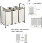 3-Bag Laundry Sorter Cart with Rolling Lockable Wheels, Removable Bags, 32.68 x 15.75 x 33.46 in, Black, Beige and Grey (Beige)
