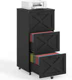 3 Drawer Tall File Cabinet with Wheels, Farmhouse Vertical Filing Cabinet Fits Letter/A4 Size, Rolling File Cabinets Wooden Printer Stand for Home Office, Black